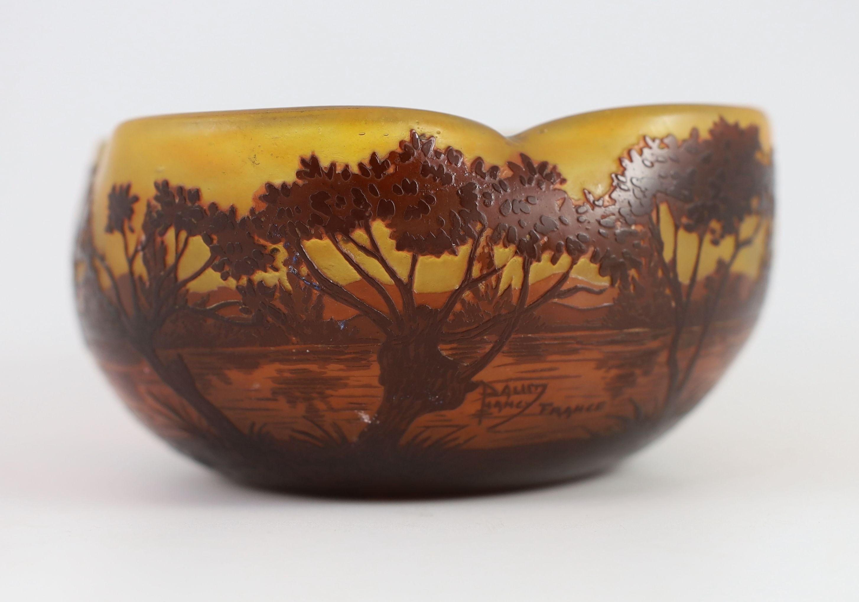 A Daum cameo glass ‘dusk river landscape’ bowl, c.1905, 15.5 cm wide